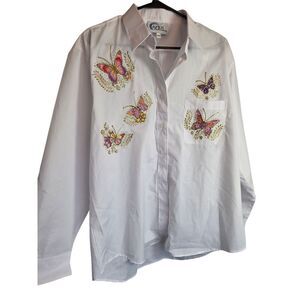 NWOT Vintage Las Olas Embroidered Butterfly Button Up Shirt White Gold XL